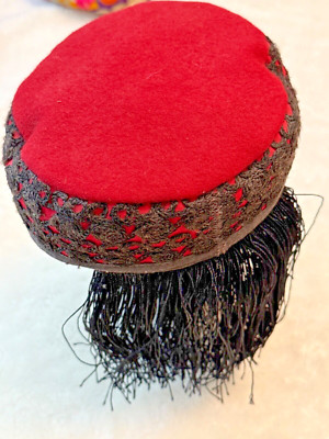 VINTAGE  Uzbek or Tajik Felt Hat with Fringe Origin: Central Asia