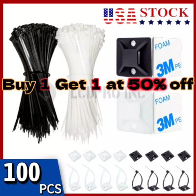 100PCS Cable Ties 4'' Zip Mounts Nylon Black White Heavy Duty Weather Resistant