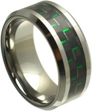 8mm Tungsten Carbide Beveled Edge and Green Black Carbon Wedding Band Ring