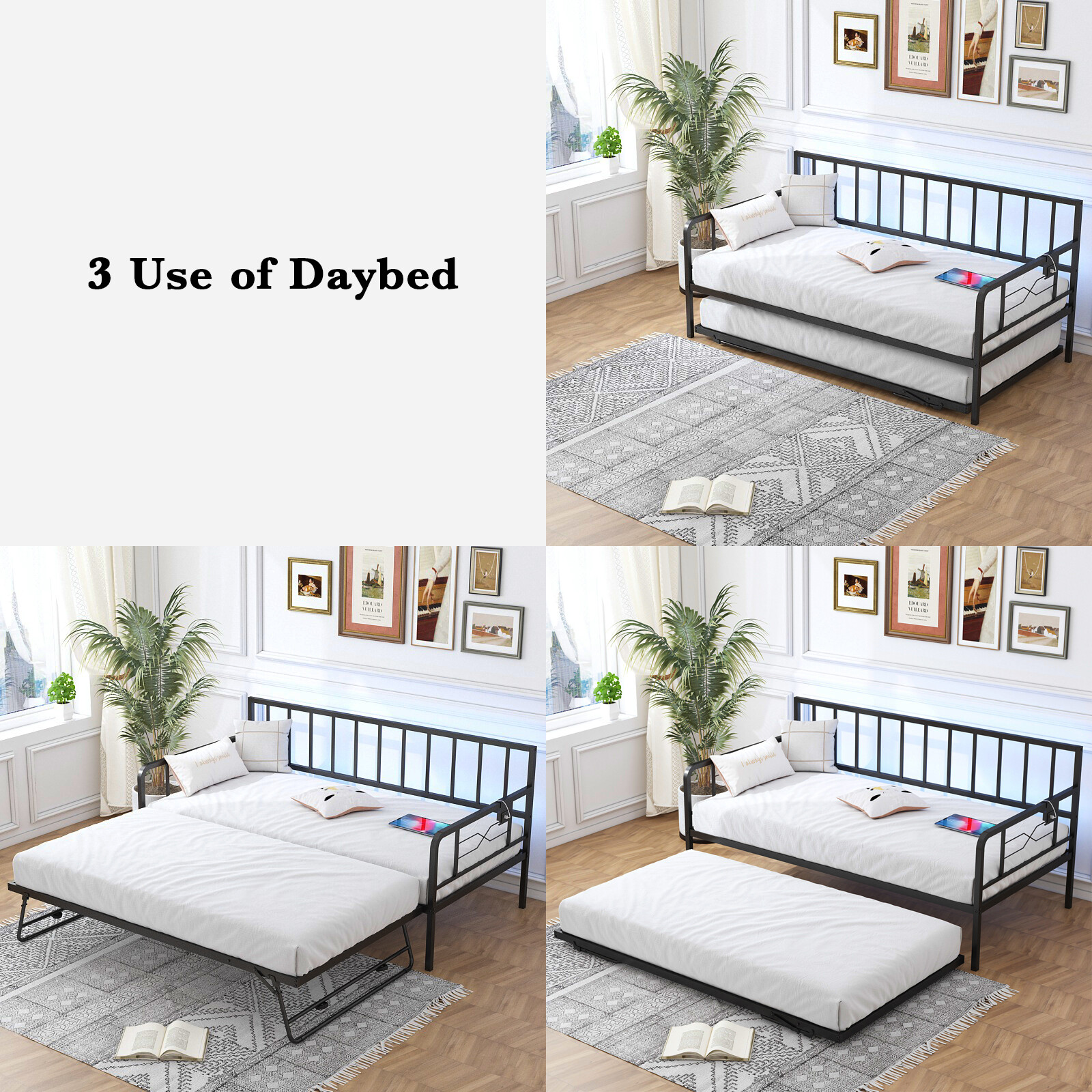 Metal Daybed with Trundle Mattress Foundation HeavyDuty Sofa Bed Twin