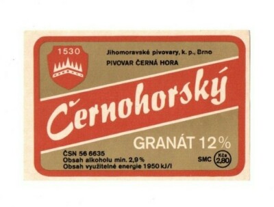 Czech Republic Beer Label - Jihomoravske Pivovary, Cerna Hora - Cernohorsky