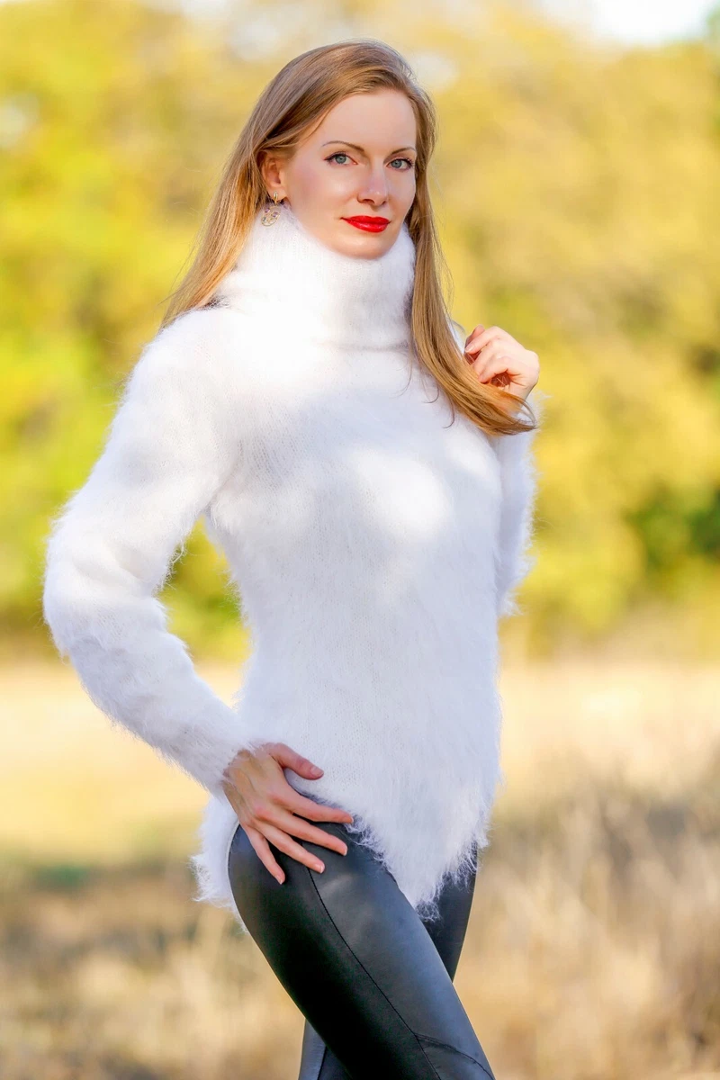 SUPERTANYA white mohair bodysuit fuzzy extra long turtleneck hand