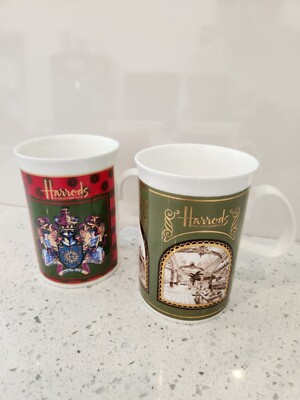 Lot 2 Harrods Cup Harrod's Knightsbridge Made in England Vintage Mug Crest Green