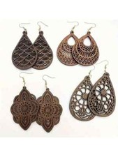 Vintage Boho Style Wooden Earrings Set Of 4 NEW In Gift Box- Great Gift