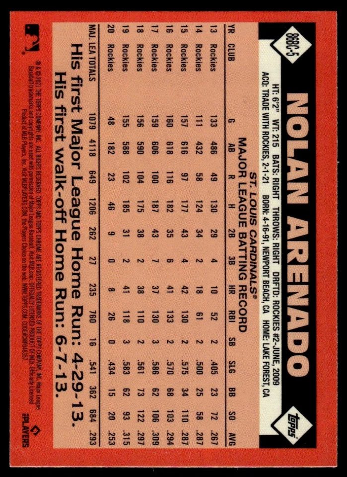 2021 Topps CHROME 35TH RC Nolan Arenado St. Louis Cardinals #86BC-5 - Image 2 of 2