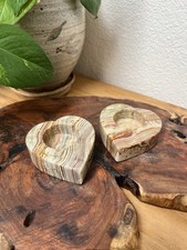 2 Onyx Stone Heart Tea Light Candle Holders Striped Green Rust Cream Pair Set