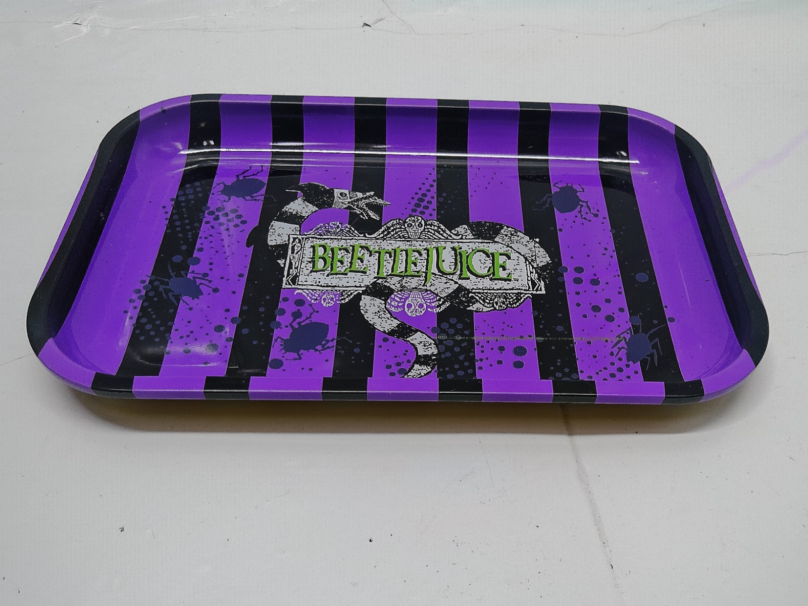 Lot of 3 Spirit Halloween Beetlejuice Purple Striped Tin Trays Sandworm Movie...