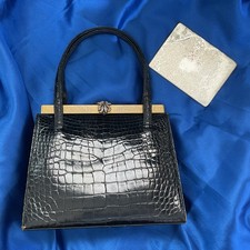 Vintage Lucille de Paris Black Crocodile Frame Handbag Gold Decorative Clasp