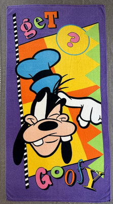 Vintage Disney Get Goofy Beach Towel Franco 30x60 Cotton Retro 1990s Y2K Purple
