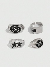 Silver 4pcs Punk Gothic Spiral Star Adjustable Ring Set One Size