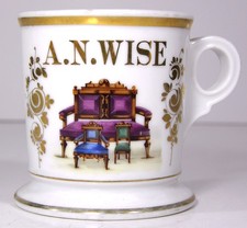 c1900 HAND PAINTED UPHOLSTERER / FURNITURE STORE OWNER OCCUPATIONAL SHAVING MUG 