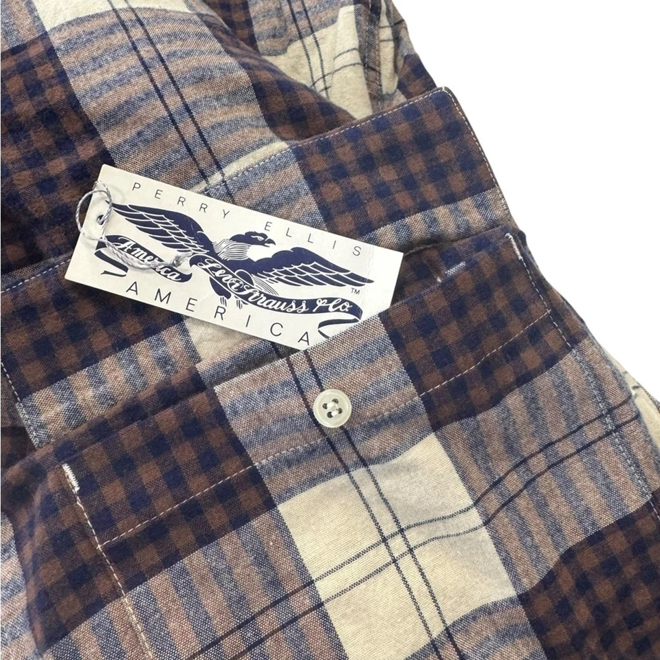 Perry Ellis NEW 90’s DEAD STOCK  Blue Brown Cream Plaid Casual Shirt Size MEDIUM - Image 4 of 4