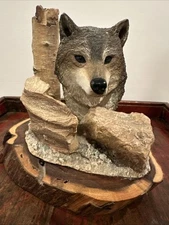 Beautiful Vintage Sculpture Of a Wolf on a wooden base 1993 Marked Resin & Wood