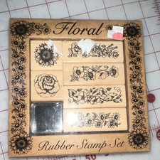 All Night Media Floral Rubber Stamp Set, 6 Wood Mounts, Black Ink Pad, 2401R