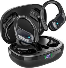 Bluetooth 5.3 Wireless Earbuds IPX7 Earhook LED Display 80Hr Battery Black