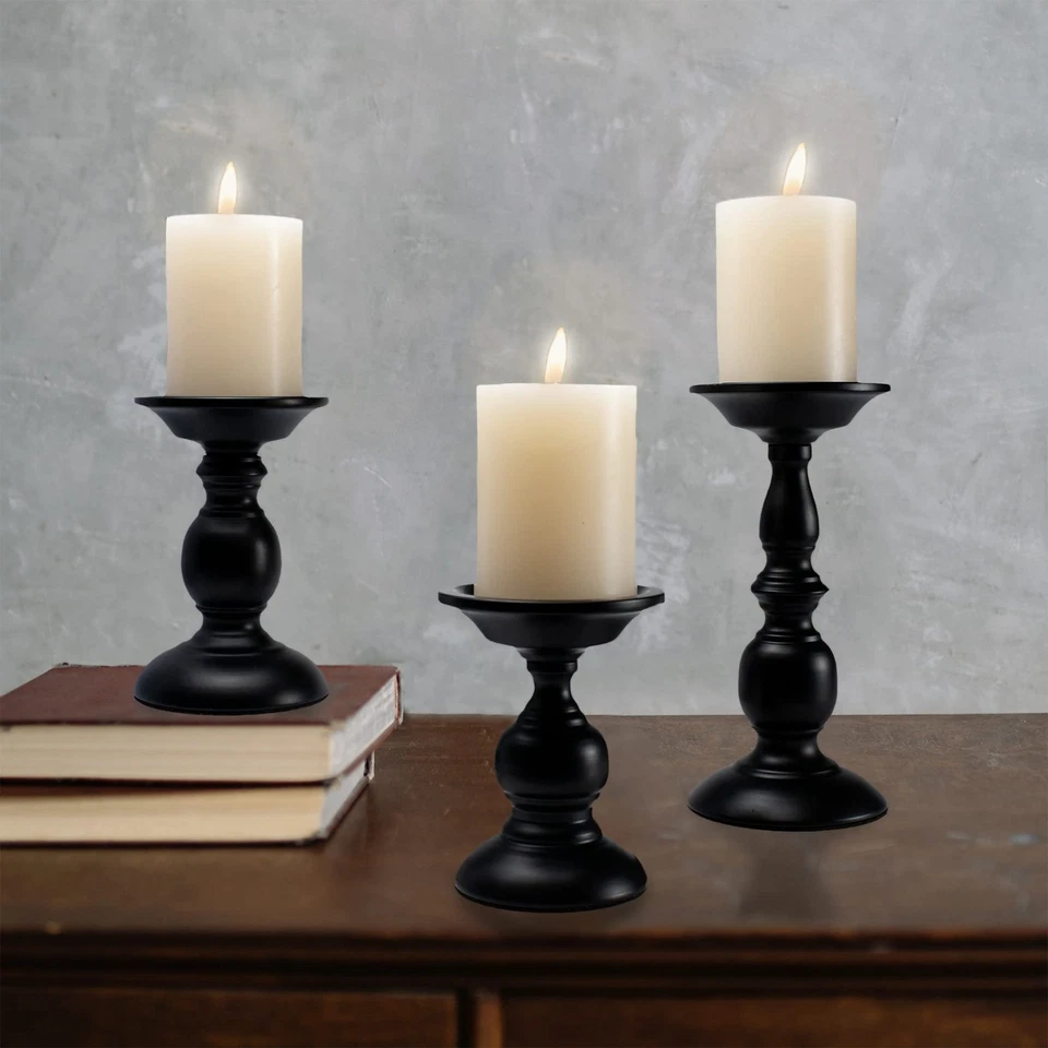 Black Pillar Candle Holders Set of 3, Vintage Candle Holder for Table Centerp... - Image 4 of 4