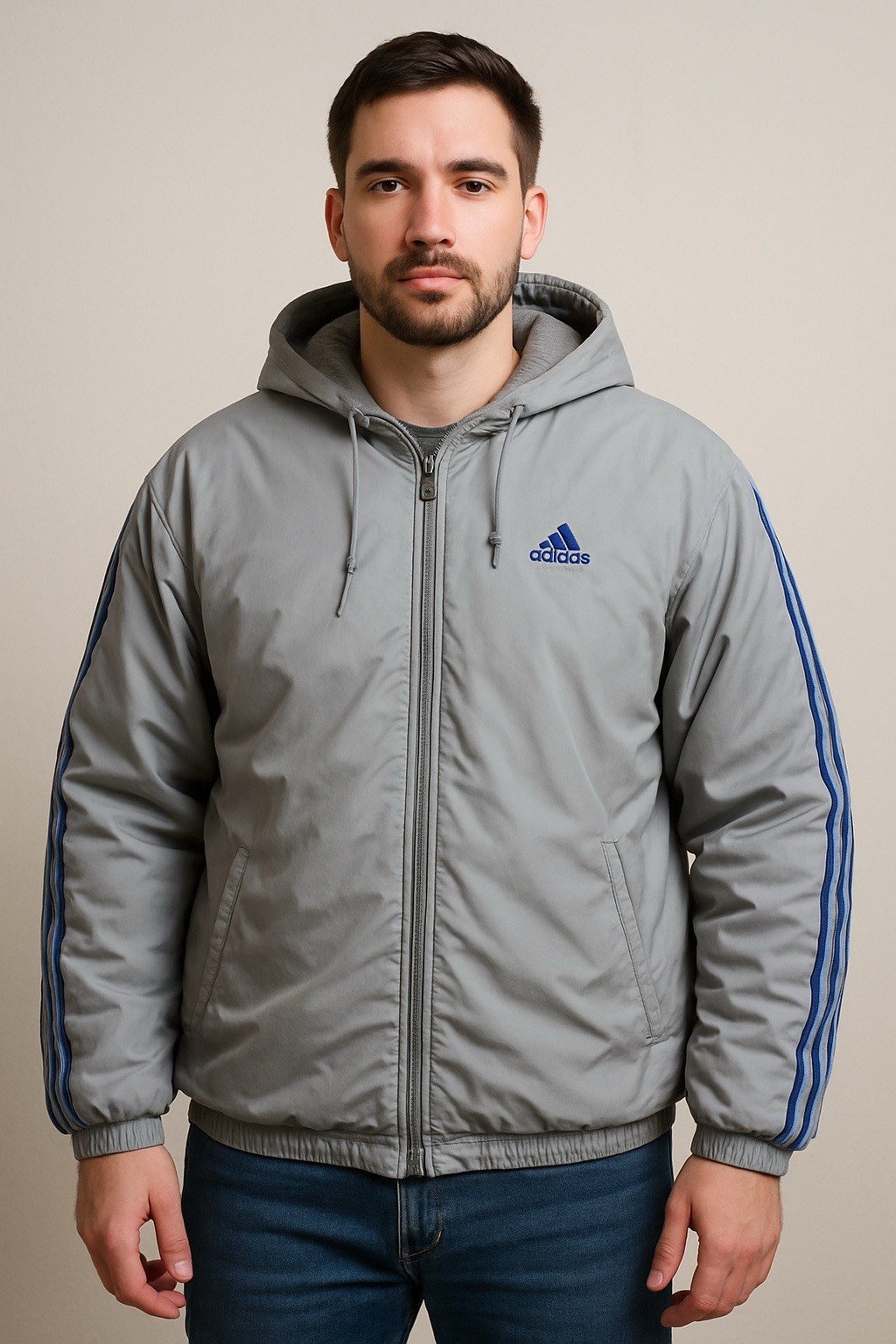 Adidas Gray Hooded Puffer Jacket Mens 2XL Fleece Lined Full Zip Winter Coat