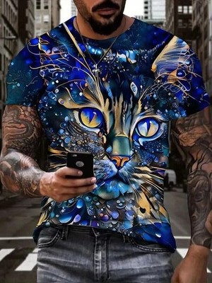 Men T Shirt Fashion Abstract Blue Cat Head Casual Short Sleeve Novelty Trendy T