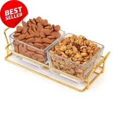 Nuts Gift Basket 2-Section Glass Tray Elegant Premium Holiday Snack Set