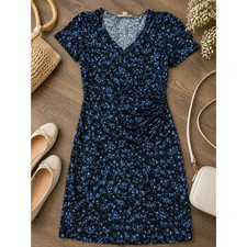 Michael Kors Womens Size Small Plunging V Neck Short Ruffed Sleeves Blue Dress