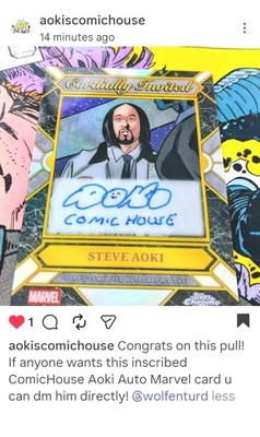 2026 Topps Chrome Marvel Steve Aoki Cordially Invited Auto INSCRIBED SSP on IG!
