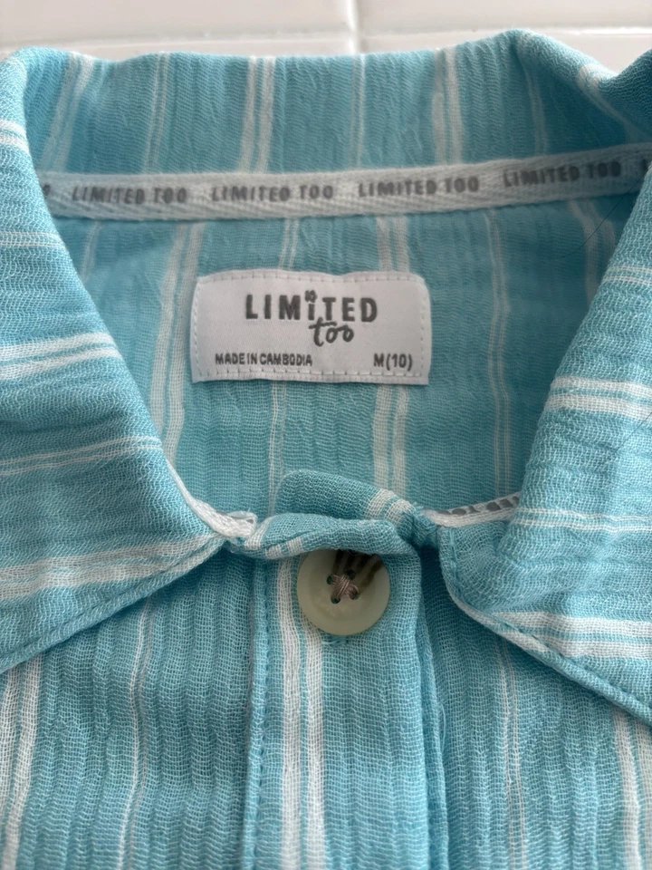 Top- Girls M (10) LIMITED TOO Button Front Long Sleeve Top Aqua Stripe New W/Tag - Image 3 of 4