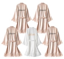 5 Pcs Bridesmaid Kimono Robe Sets Bride Silky Wedding Day Bathrobe With Lace T