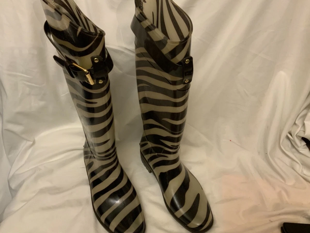Ralph Lauren Rossalyn Brown Cream Zebra Print Rain Boots 6
