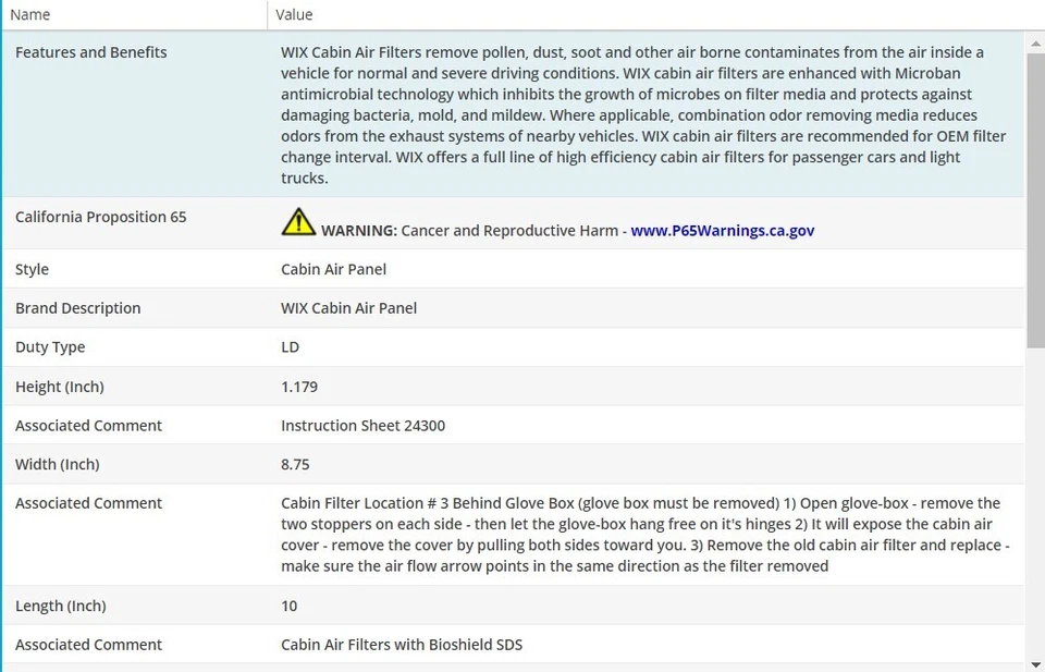 Filtro de aire de cabina WIX para HYUNDAI GENESIS 2009-2016 V6-3,8 L Foto 3 de 4