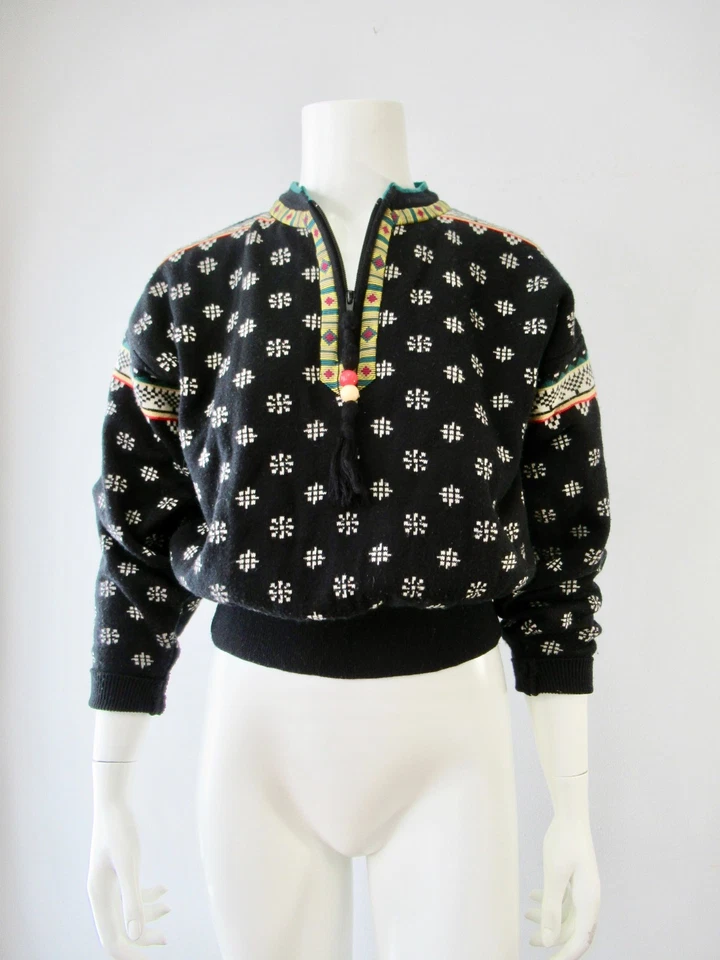 Vintage 80s Obermeyer Boho Bead Zip Nordic Cropped Pullover Wool Blend Sweater S - Image 2 of 4