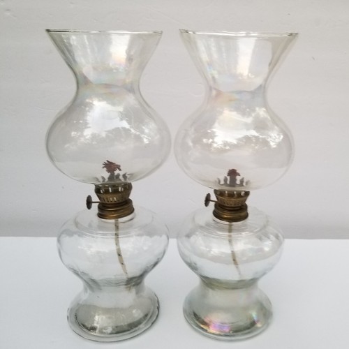 Vintage Oil Lamp Iridescent Blown Glass 11.5" PAIR (2) Hurricane