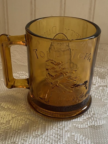 Vintage Amber Glass Nursery Rhyme Mug. Humpty Dumpty And Tom The Pipers Son.