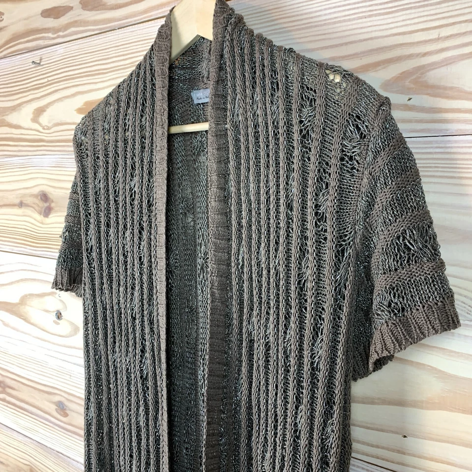 Cárdigan Per Una Italia Grande Abierto Longline Acanalado Tejido Gris Manga Corta Boho Foto 2 de 4