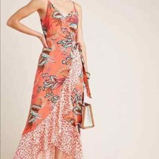 NWT Farm Rio Anthropologie Musette Wrap Maxi Dress Floral Orange Sz Large Petite