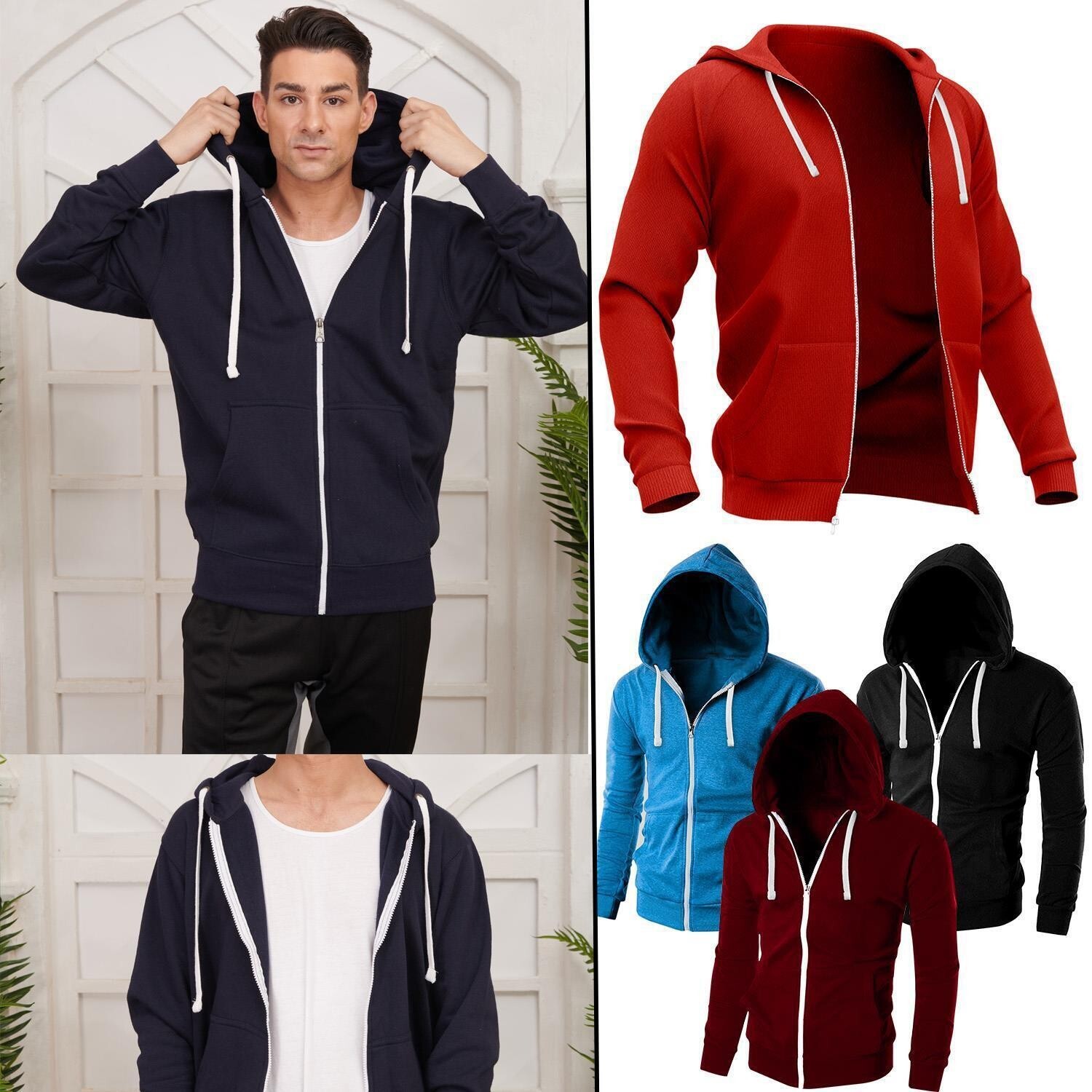 Sudadera Con Capucha De Forro Polar Para Hombre Con Cremallera Y Bolsillos