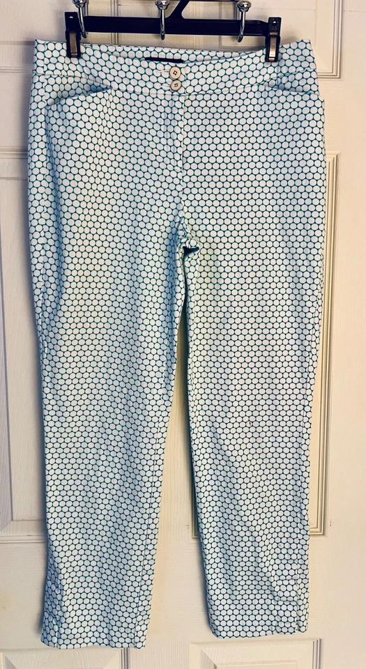 Pantalones de vestir tribal verde azulado blanco estampado circular para mujer talla 4 tobillo cierre de 2 botones Foto 2 de 4