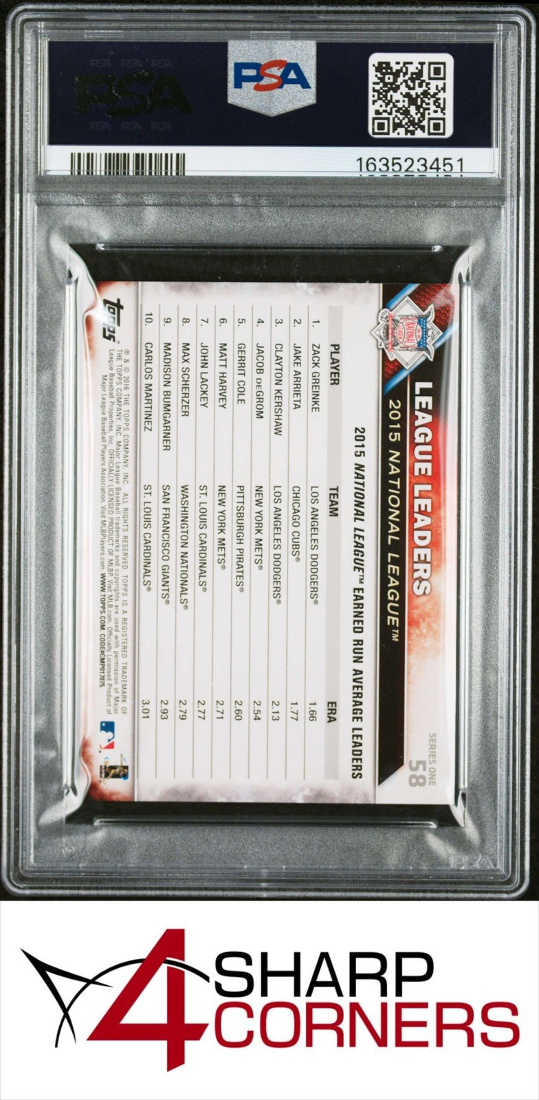 2016 TOPPS MINI #58 CLAYTON KERSHAW DODGERS POP 6 PSA 10 view 2