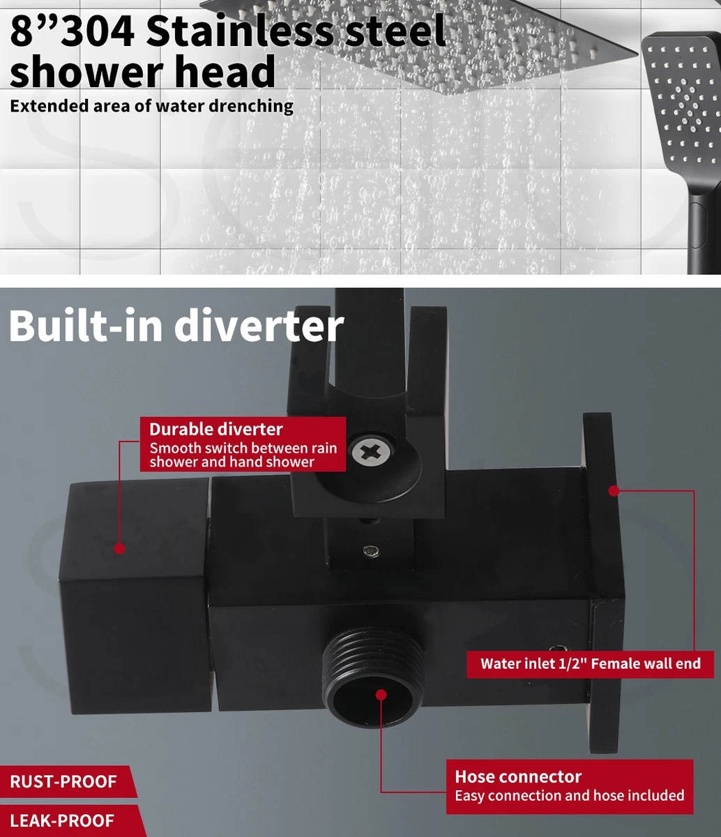 Shower Head High Pressure Set Rain Square Brass Taps Mixer Handheld WELS Black