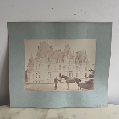 Albumin Photo Glued on Cardboard Man and Horse in Front of Property K158