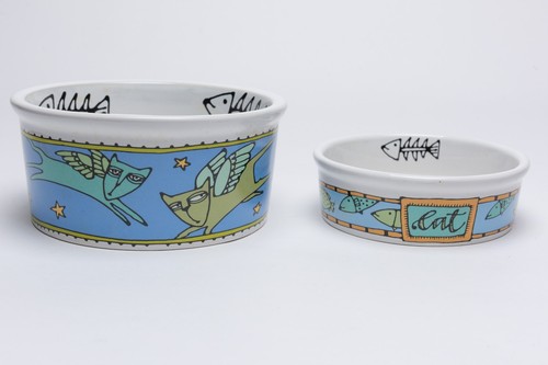Ursula Dodge Cat Food & Water Bowls, Stoneware Decor Set