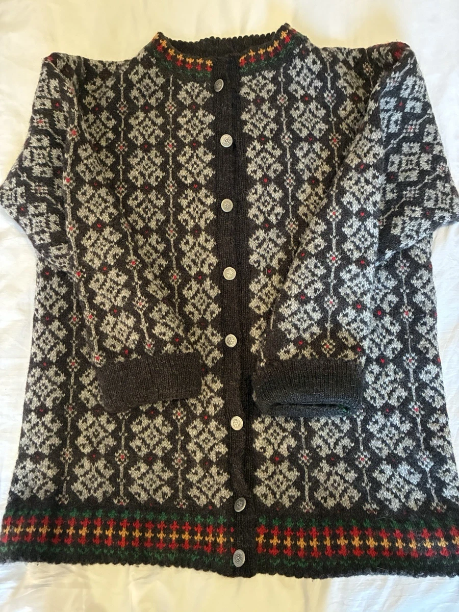 Cárdigan de lana pura tejido a mano vintage gris/marrón de mayor peso para hombre talla XL