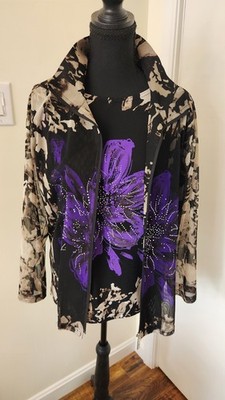 Damee Inc Women's Top and Matching Jacket Size Large Black White Floral Sheer