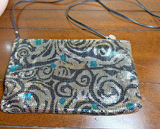 Vtg Whiting Davis Silver Metal Mesh W/Design Evening Bag Purse Zip Closer