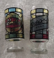 Vintage Schaefer Beer Stained Glass Tumblers Set of 2 16oz Anchor Hocking 1970s