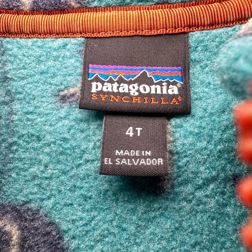 Chaleco Patagonia Synchilla Niños 4T Azul Vellón Ballena Pájaro Océano Estampado Borde Naranja Foto 3 de 4