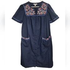 Go Softly Patio Cotton Womens House Dress Snap Up Front Floral Embroidered , M