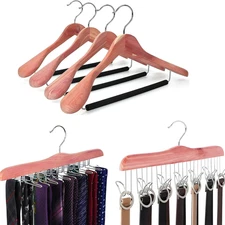 American Red Cedar Wooden Suit Hangers 4 Pack, Tie Rack 1 Pack, Belt Hanger 1 Pa