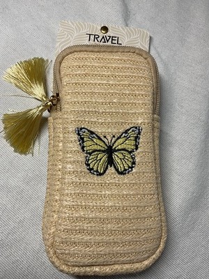 EVOLUTION EYES TRAVEL DOUBLE EYEGLASS CASE BUTTERFLY 7 x 3 STRAW NWT