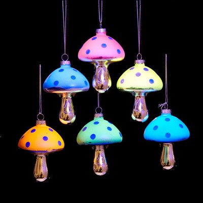 Kurt Adler Luminosity Glow In the Dark Glass Mushroom Ornaments Set  D4632