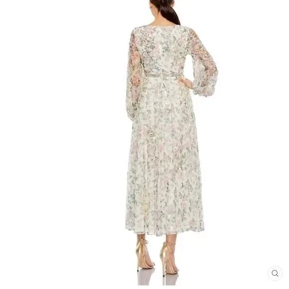 Mac Duggal Off White Cream Embellished Cocktail Floral Midi-Dress Size 4 $498 - Image 2 of 4